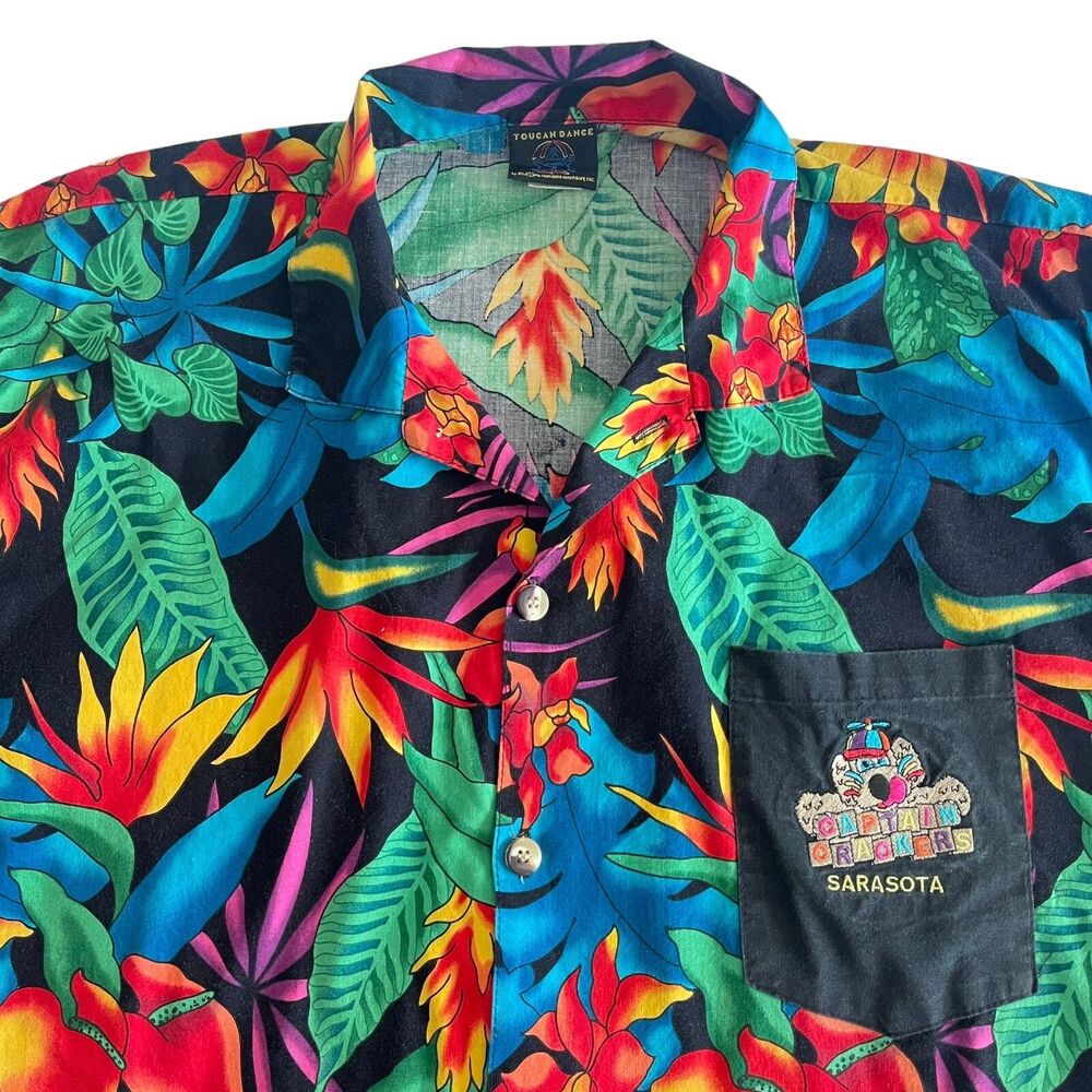 Vintage TOUCAN DANCE‎ Fast Lane Hawaiian Shirt Tropical Bright Mens XL Pocket